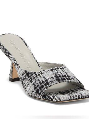 NEW Stewart Weitzman Tia 25 Kitten Heel Sandal with Plaid Tweed & Leather